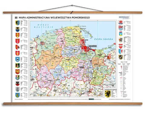 Ścienna mapa administracyjna województwa pomorskiego z tablicami