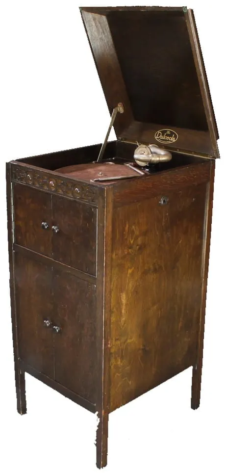 Gramofon szafkowy Dulceola Standard ok 1920 r. dębowy słupek