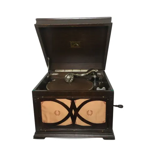 Gramofon biurkowy HMV łososiowy materiał