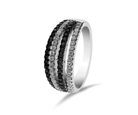 Srebrny pierścionek z białymi i czarnymi cyrkoniami 1