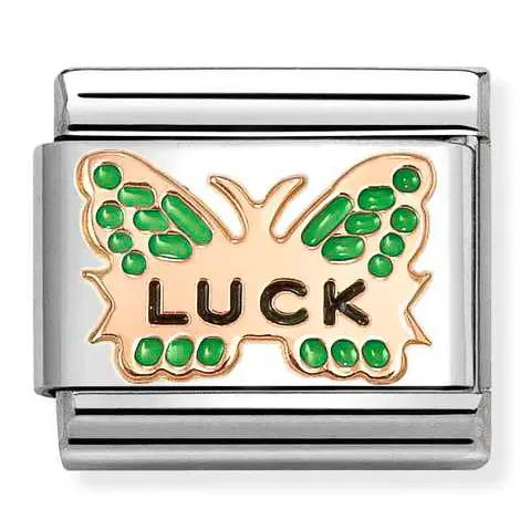 Nomination Element 9K Zielony motyl z napisem LUCK Rose Gold