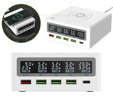 Ładowarka zasilacz szybkie ładowanie 130 W 5x USB typ C PD 65 W LCD QI iLepo