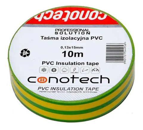 Taśma izolacyjna PVC zielono żółta 0,13x15 mm 10 m CONOTECH