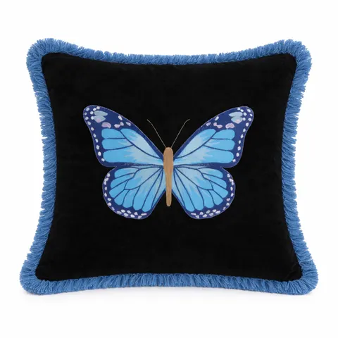 Poduszka welurowa czarna motyl niebieski
