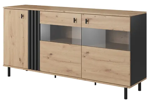 Trzydrzwiowa komoda z witryną NOVA 165cm lamele