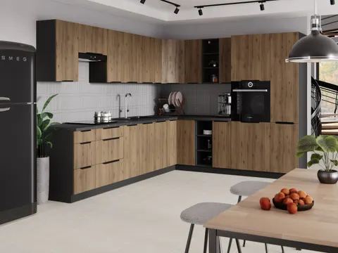Meble kuchennych MONA 1 315x250cm z blatem Orzech i Czarny