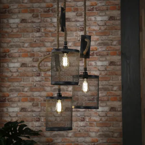 loftowa lampa potrójna na sznurze jutowym