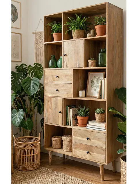Indyjska Biblioteczka z Szafkami z Drewna Mango 94 cm | Meble Boho