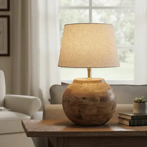 Lampa Drewniana Stołowa Kula 28 cm Mango Rustykalna