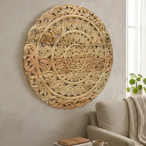Panel Rzeźbiony Mandala 90 cm Mango Naturalne | Meble Indyjskie