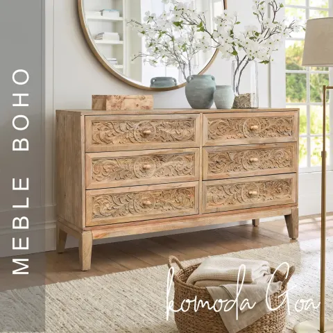 Meble Boho | Komoda Drewniana Goa Mango Naturalna 6 Szuflad 135 cm