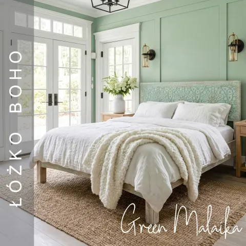 Drewniane Łóżko Boho Green Malaika 160x200 Rzeźbione Mango