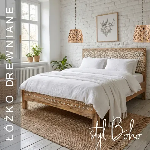 Łóżko Drewniane Rzeźbione Malaika Białe Lite Mango 160x200