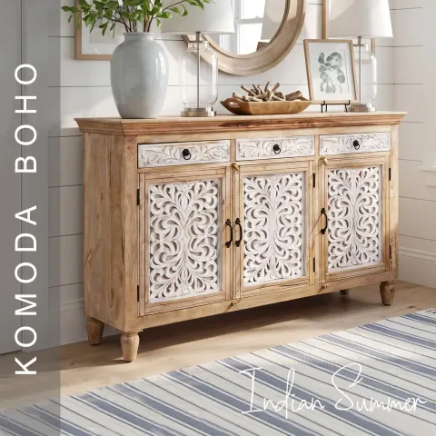 Meble Boho | Komoda Indyjska Drewniana Rzeźbiona Biała Mango 150 cm