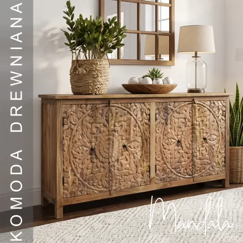 Duża komoda indyjska Mandala rzeźbiona z mango 180 cm