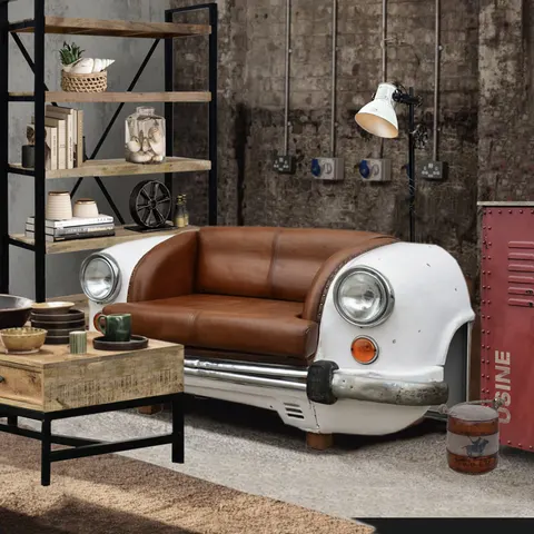 Loftowa Sofa Samochód Ambasador Skóra Naturalna Biała
