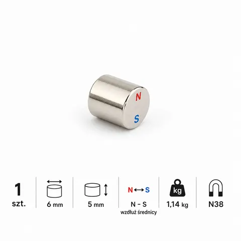 MW 6x5 N38 magnesowany wzdłuż średnicy