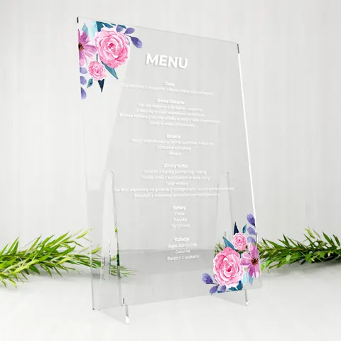 Menu weselne na stół na plexi - motyw różowych kwiatów