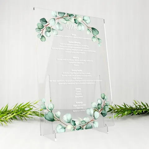 Przeźroczyste menu weselne z plexi - Eukaliptus