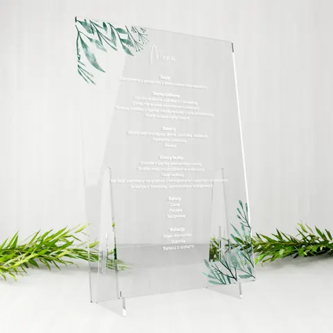 Przeźroczyste menu weselne z plexi - Liście ruskusa