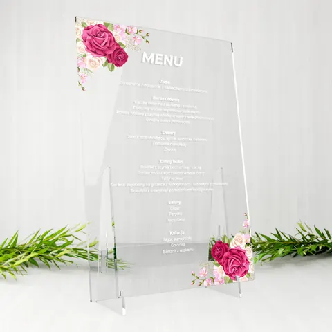 Menu weselne na stół na plexi - Czerwone róże
