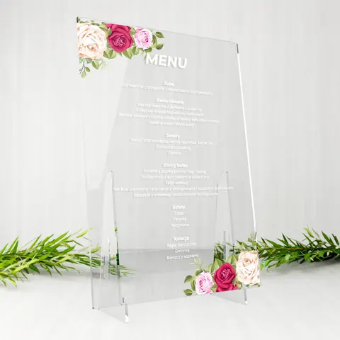 Menu weselne na stół na plexi - Trójkolorowe róże