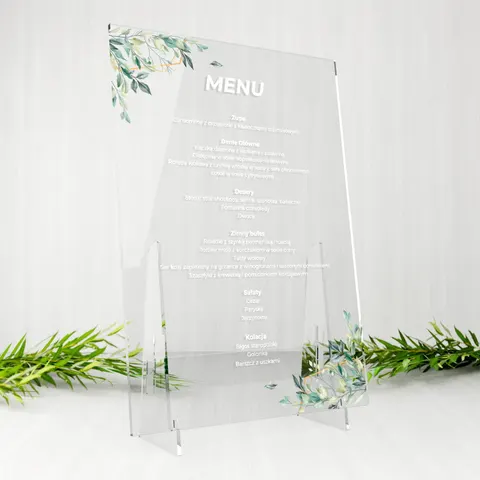 Menu weselne na stół na plexi - Zielone gałązki