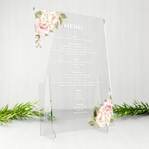 Menu weselne na stół na plexi - Kremowe róże