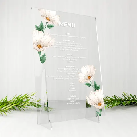 Menu weselne na stół na plexi - Białe kwiatki