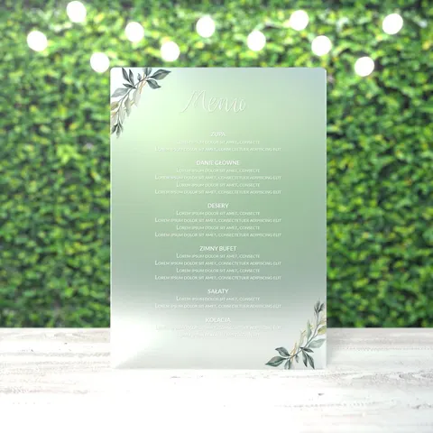 Satynowe menu weselne z plexi - Listki