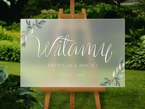 Satynowa tablica na wesele "Witamy" Listki