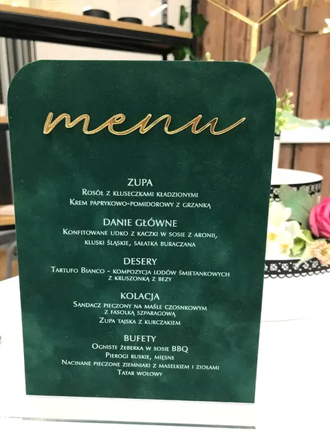 Welurowe menu weselne na stół na plexi - różne warianty kolorystyczne