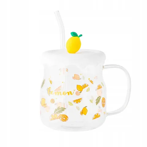 Szklanka ze słomką i pokrywką Altom Design Cytryny 600 ml
