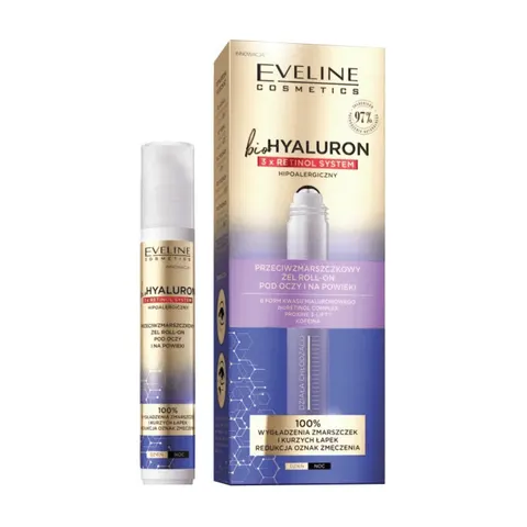 EVELINE bioHYALURON 3xRetinol System Przeciwzmarszczkowy Żel roll-on pod oczy i na powieki 15 ml