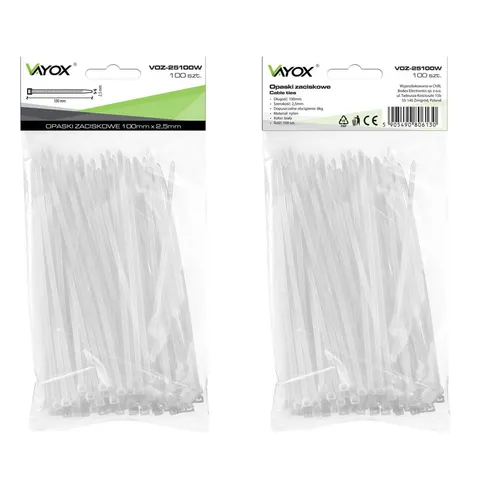 Opaski zaciskowe 2,5mm / 100mm białe 100 szt. VOZ-25100W Vayox
