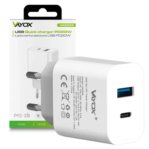 Ładowarka sieciowa USB-A + USB-C 20W biała VA0343 Vayox