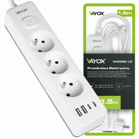 Przedłużacz 1,5MB 3GN+0 3x1,5mm 16A + 2x USB-A + 2x USB-C VA0382-1,5 Vayox