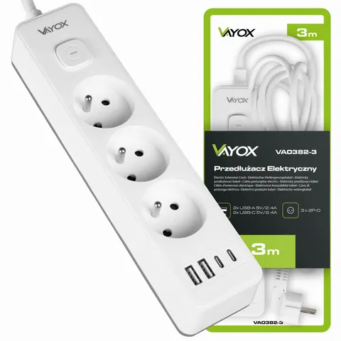 Przedłużacz 3MB 3GN+0 3x1,5mm 16A + 2x USB-A + 2x USB-C VA0382-3 Vayox