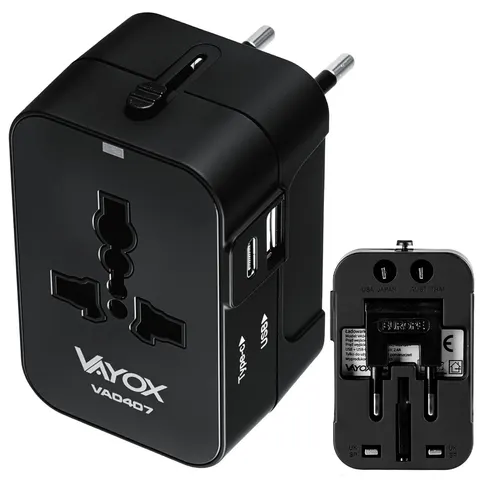 Adapter podróżny UK/US/EU/AU, USB-A, USB-C 100V-240Vac 6A 1500W czarny VA0407 Vayox