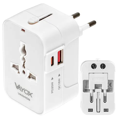 Adapter podróżny UK/US/EU/AU, USB-A, USB-C (PD20W) 100-240Vac 6A, 1500W VA0408 Vayox