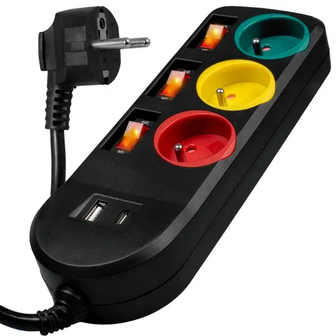 Przedłużacz 2M 3GN+0 16A / kolorowe gniazda + USB-A + USB-C czarny VA0402 Vayox
