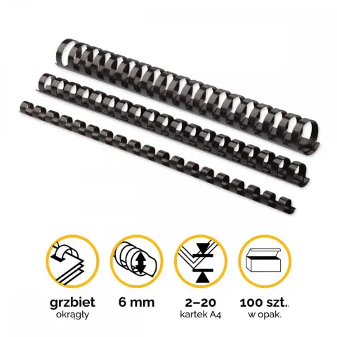 Grzbiety plastikowe do bindowania 6mm (2-20 kartek) /100szt Fellowes - kolor Czarny