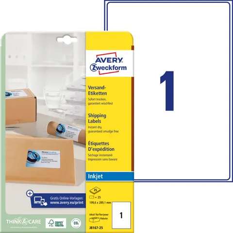 Etykiety na paczki Avery J8167-25 - 199,6 x 289,1 mm, 25 arkuszy - biały