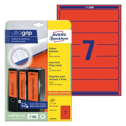 Etykiety na segregatory Avery L4762-20 - 38 x 192 mm, 20 arkuszy - czerwony