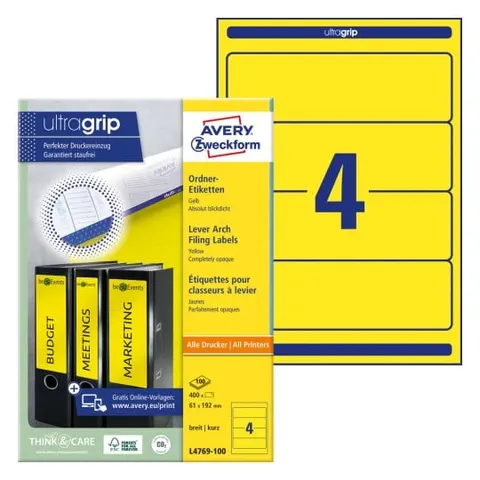 Etykiety na segregatory Avery L4769-100 - 61 x 192 mm, 100 arkuszy - żółty