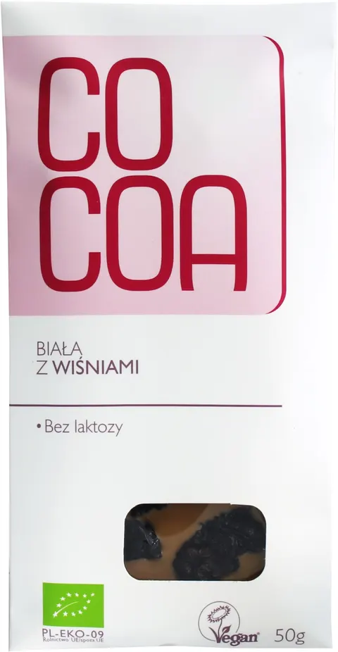 CZEKOLADA BIAŁA Z MLEKIEM KOKOSOWYM Z WIŚNIAMI BIO 50 g - COCOA