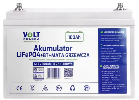 Zestaw: akumulator Volt LiFePO4 12,8V 100 Ah (150A) BlueTooth + bezobsługowy BMS, mata grzewcza