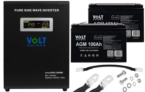 Zestaw: zasilacz Volt Sinus Pro 2000W 2000VA/1400W + 2 x akumulator Volt VRLA AGM 12V 100Ah