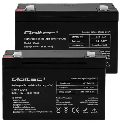 2 x akumulator Qoltec AGM LongLife 6V 12Ah