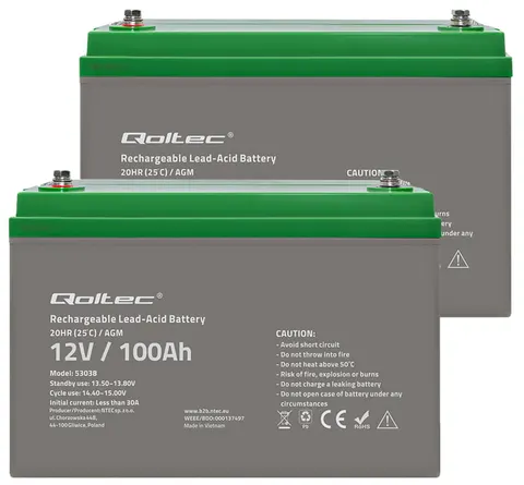 2 x akumulator Qoltec AGM LongLife 12V 100Ah